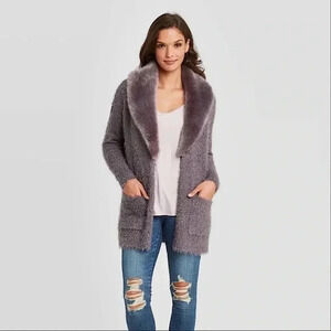 NWT new Knox rose long cardigan sweater with removable faux fur trim MEDIUM gray